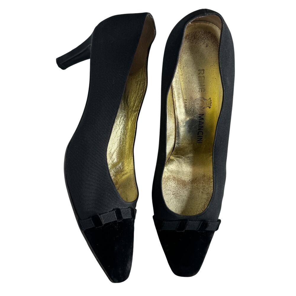 1980s Rene Mancini Black Satin & Velvet Pumps Classic Evening Heels 10.5 US